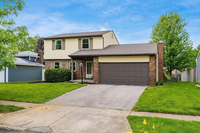 view of front of home featuring driveway, an attached garage, brick siding, and a chimney