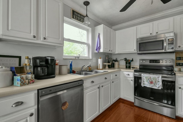 kitchen featuring white cabinets, stainless steel appliances, ceiling fan, and a sink