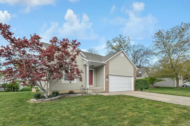view of front of house with a front lawn, roof with shingles, brick siding, an attached garage, and driveway