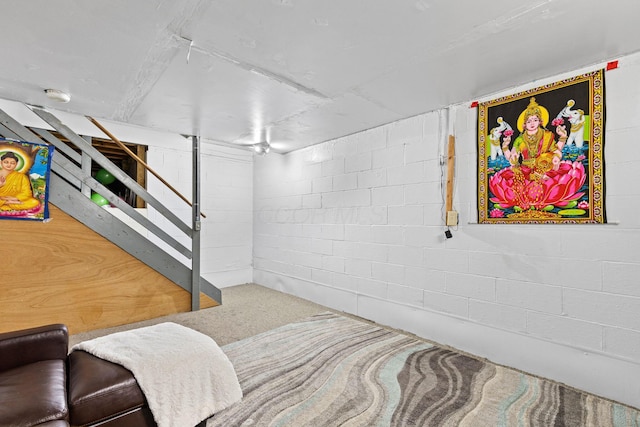 bedroom with concrete block wall and carpet