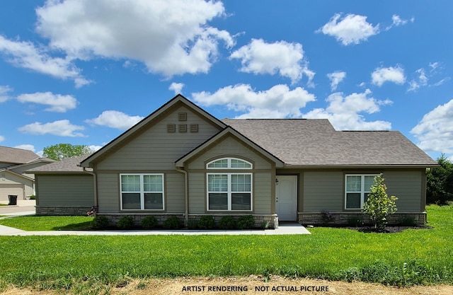 craftsman-style home featuring roof with shingles, a front yard, and stone siding