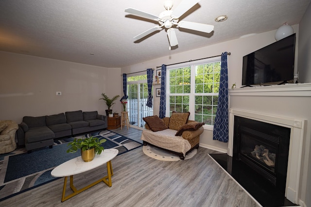 105 Autumn Ter SW, Etna, OH 43062 - living room featuring ceiling fan, a textured ceiling, a glass covered fireplace, baseboards, and wood finished floors