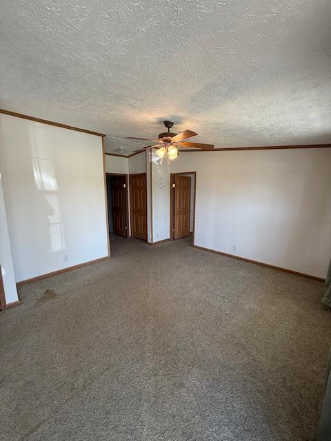 carpeted empty room featuring baseboards, a ceiling fan, a textured ceiling, and crown molding