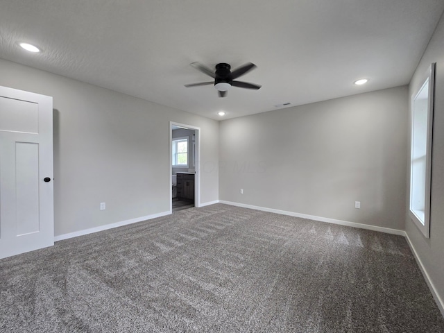 carpeted empty room with recessed lighting, ceiling fan, and baseboards