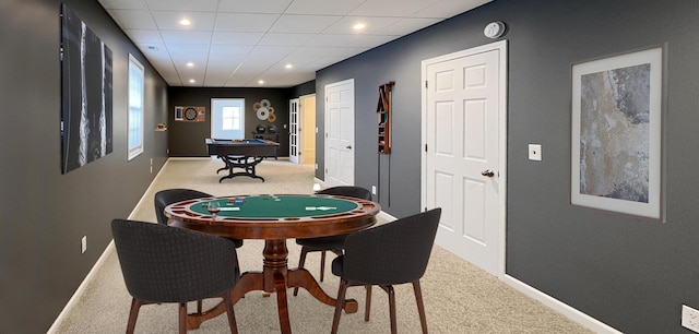 rec room with baseboards, carpet, recessed lighting, and pool table
