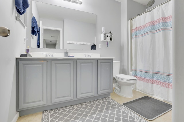 full bathroom featuring curtained shower, toilet, tile patterned flooring, and double vanity