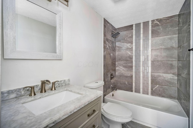 2987 Olivette Rd, Columbus, OH 43232 - bathroom with a textured ceiling, toilet,  shower combination, and vanity