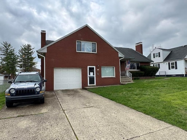view of front facade with a garage, a front lawn, a chimney, brick siding, and driveway