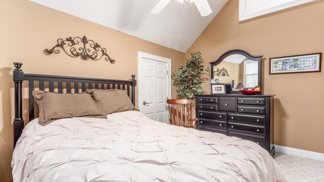 87 Dartmouth Rd SE, Hebron, OH 43025 - bedroom featuring ceiling fan, high vaulted ceiling, carpet, and baseboards