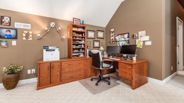 87 Dartmouth Rd SE, Hebron, OH 43025 - office area with visible vents, high vaulted ceiling, light carpet, and baseboards