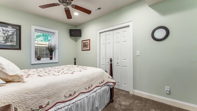 87 Dartmouth Rd SE, Hebron, OH 43025 - bedroom with a closet, a ceiling fan, visible vents, dark carpet, and baseboards