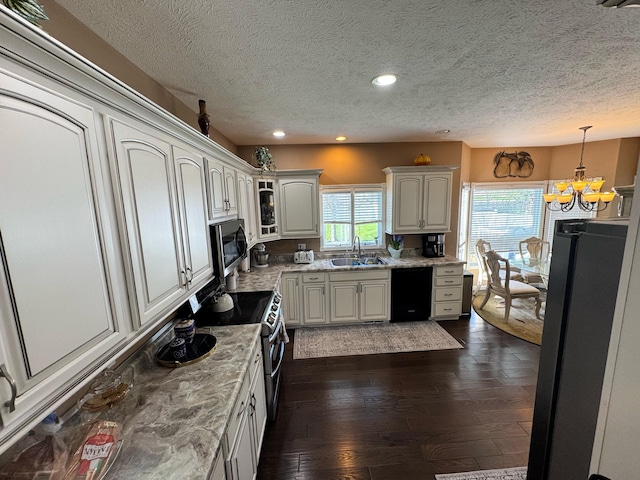 kitchen featuring dark wood finished floors, glass insert cabinets, a chandelier, stainless steel appliances, and a sink