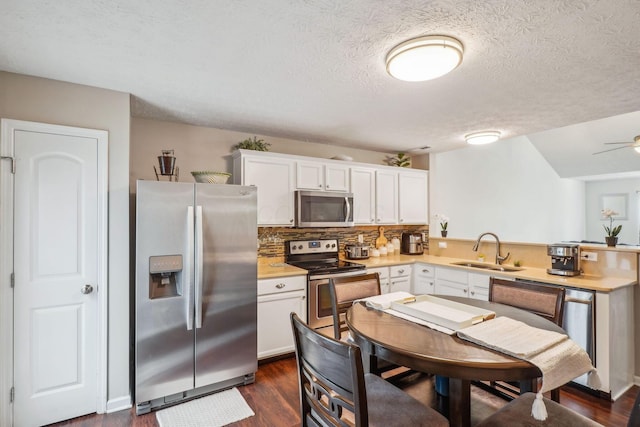 kitchen featuring light countertops, a sink, appliances with stainless steel finishes, and dark wood-style flooring