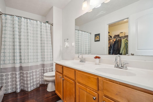 bathroom featuring toilet, double vanity, a sink, and wood finished floors