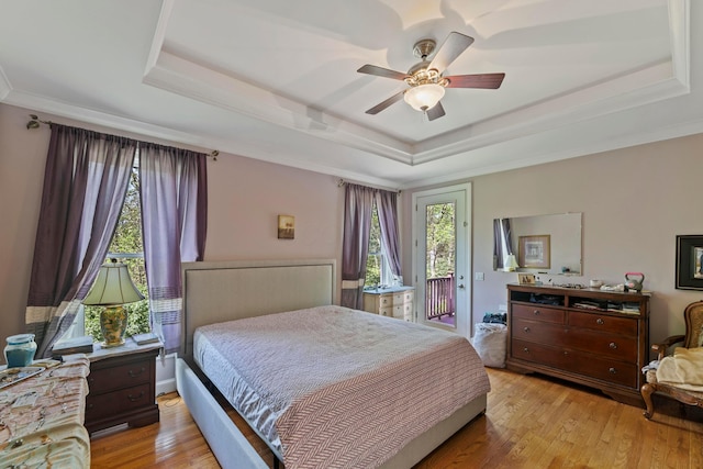 4611 Meghans Run, Batavia, OH 45103 - bedroom featuring a raised ceiling, multiple windows, light wood-type flooring, and access to exterior