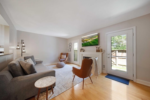living room with light wood-type flooring, baseboards, and a wealth of natural light