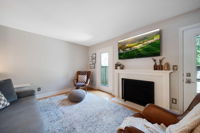 living room with baseboards, a fireplace with flush hearth, and wood finished floors
