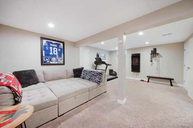 living area with recessed lighting, baseboards, visible vents, and carpet