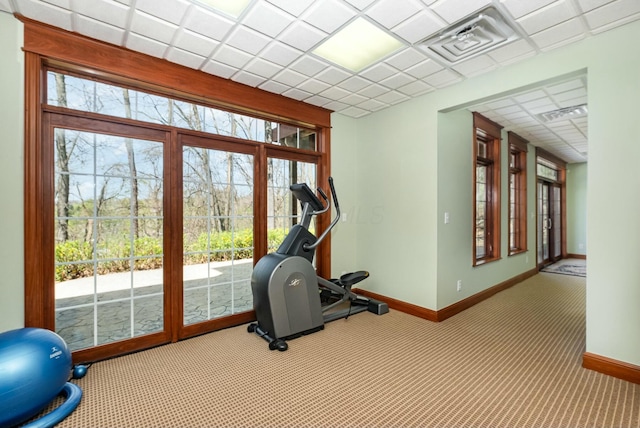 1917 Nichole Cir, Lancaster, OH 43130 - workout room with baseboards, visible vents, carpet floors, and a paneled ceiling