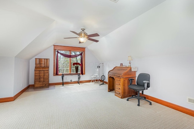 1917 Nichole Cir, Lancaster, OH 43130 - home office with ceiling fan, visible vents, vaulted ceiling, carpet, and baseboards