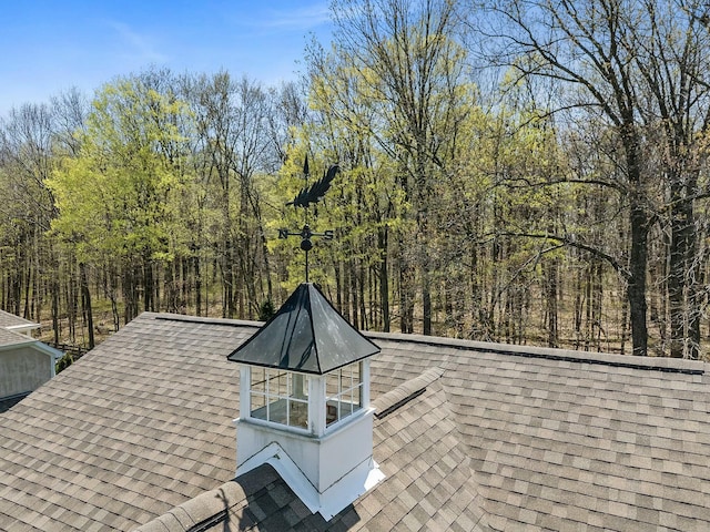 6767 Burnside Ln, Dublin, OH 43016 - details with a shingled roof and a view of trees