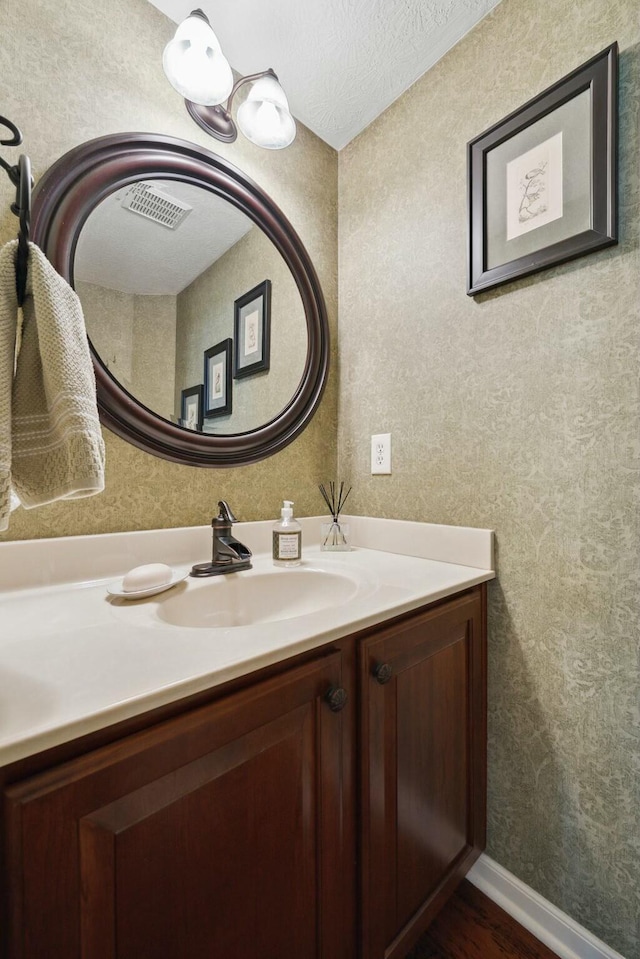 6767 Burnside Ln, Dublin, OH 43016 - bathroom with wood finished floors, wallpapered walls, vanity, baseboards, and visible vents