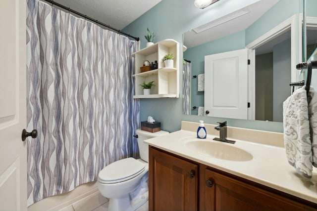 6767 Burnside Ln, Dublin, OH 43016 - bathroom featuring a textured ceiling, toilet, tile patterned flooring, and vanity