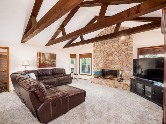 living room featuring a stone fireplace, carpet flooring, high vaulted ceiling, and beamed ceiling