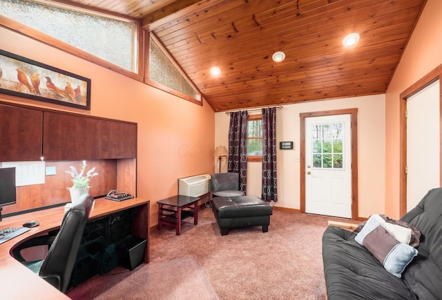 carpeted office space with recessed lighting, baseboards, vaulted ceiling, and wooden ceiling