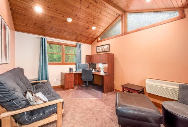 office area featuring light colored carpet, wooden ceiling, baseboards, high vaulted ceiling, and recessed lighting