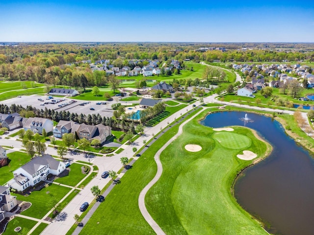 aerial view featuring a water view, a residential view, and golf course view
