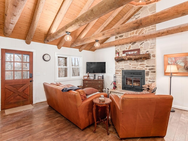 living room featuring a fireplace, high vaulted ceiling, hardwood / wood-style floors, wooden ceiling, and beamed ceiling