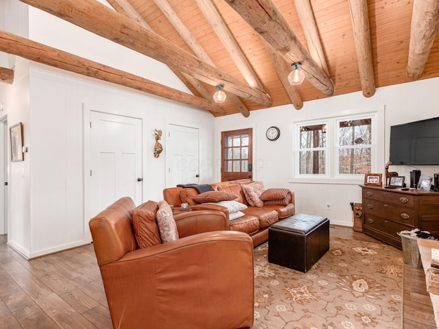 living room featuring baseboards, wooden ceiling, vaulted ceiling with beams, and light wood-type flooring