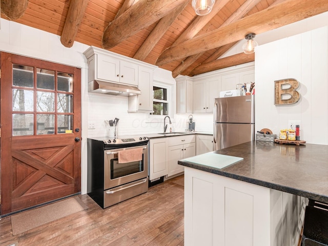 kitchen featuring a sink, wooden ceiling, lofted ceiling with beams, under cabinet range hood, and stainless steel appliances