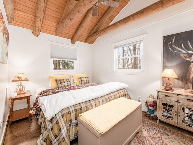 bedroom with lofted ceiling with beams, wood ceiling, and wood finished floors