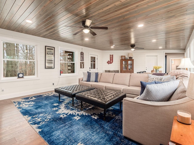 living area featuring wood-type flooring, recessed lighting, wood ceiling, and ceiling fan