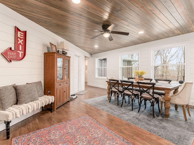 dining space with a ceiling fan, recessed lighting, wood ceiling, and hardwood / wood-style flooring