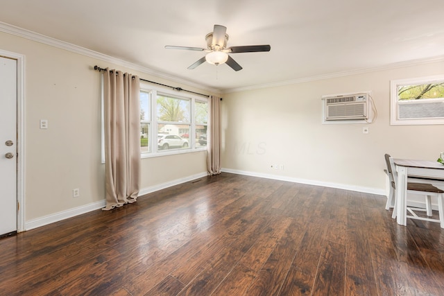 empty room with ceiling fan, dark wood finished floors, baseboards, an AC wall unit, and ornamental molding