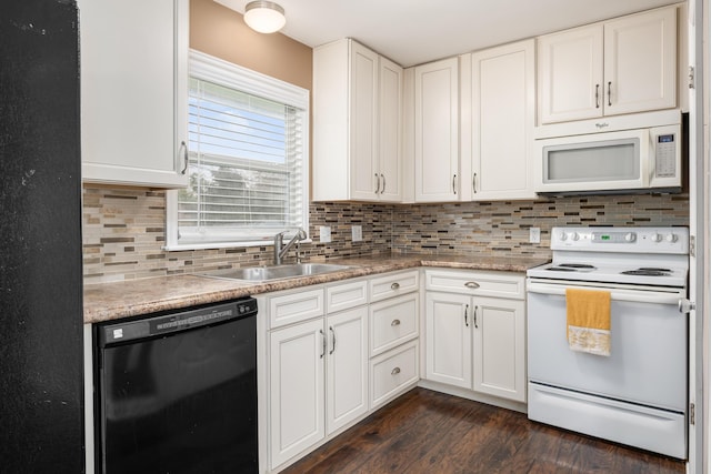 kitchen featuring dark wood-style flooring, white appliances, light countertops, white cabinetry, and a sink