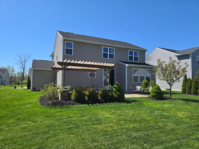 rear view of property with a lawn, a pergola, and a patio area