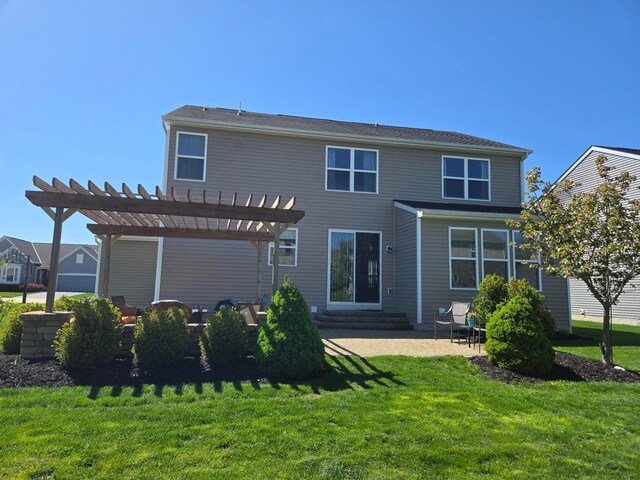 back of house featuring a pergola, a lawn, entry steps, and a patio area