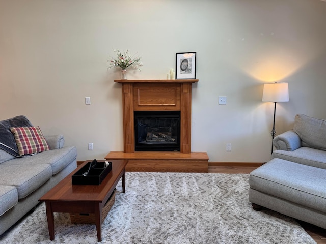 living room with a glass covered fireplace, baseboards, and wood finished floors