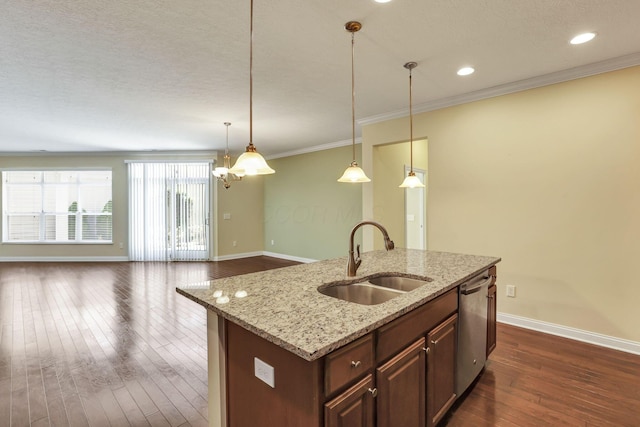 kitchen with a sink, baseboards, dark wood finished floors, and dishwasher