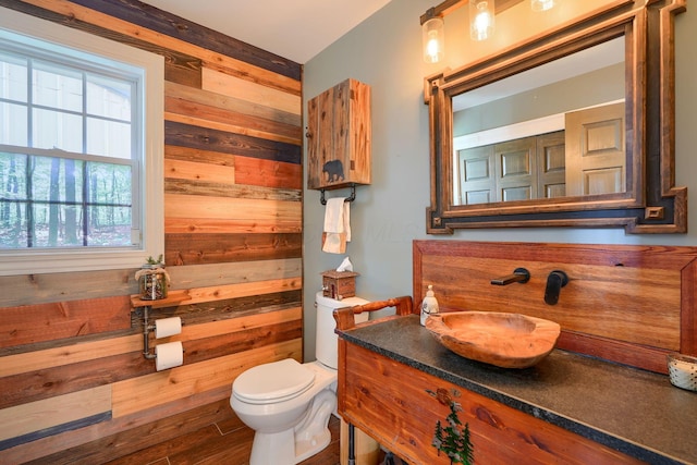 bathroom with wood walls, plenty of natural light, vanity, and toilet