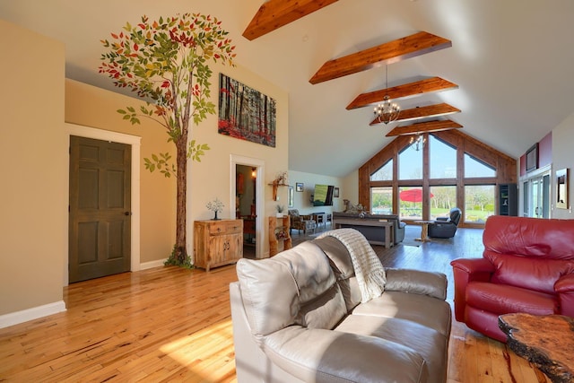 living area featuring light wood-type flooring, baseboards, high vaulted ceiling, and beamed ceiling