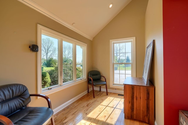 sitting room with baseboards, plenty of natural light, light wood-style flooring, and high vaulted ceiling
