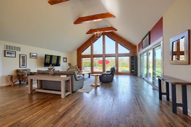 living room with visible vents, beam ceiling, high vaulted ceiling, french doors, and dark wood finished floors