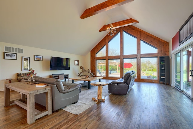 living room with visible vents, hardwood / wood-style floors, high vaulted ceiling, and beamed ceiling