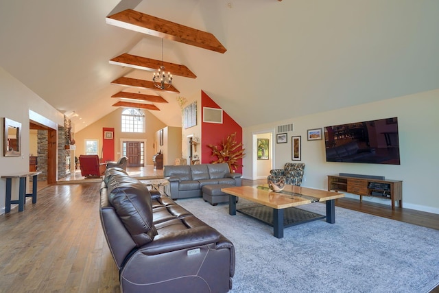 living area with wood finished floors, beam ceiling, visible vents, and high vaulted ceiling