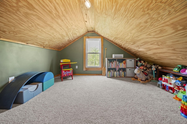 recreation room featuring baseboards, carpet flooring, wood ceiling, and vaulted ceiling